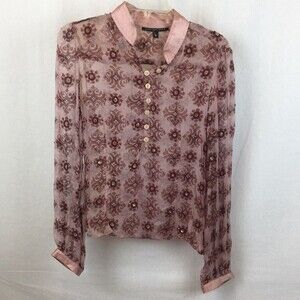 Jessie Della Femina Pink Print Sheer Silk Embellished Long Sleeve Blouse S